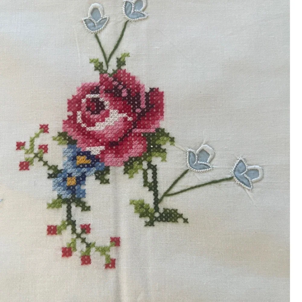 Vintage Cross Stitch Rose Pillowcase Pair White Cotton Floral Embroidery Cottage